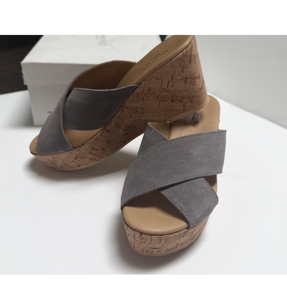 NEW Garnet Hill Gray Suede Crisscross Cork Wedge Platform Sandals 28582 Sz 7